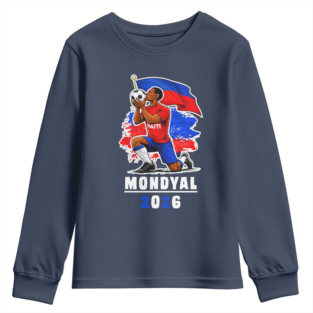Mondyal 2026 Haiti Soccer Player Victory Celebration Graphic Youth Sweatshirt Haitian Flag Football Sports Fan TS02 Navy Print Your Wear