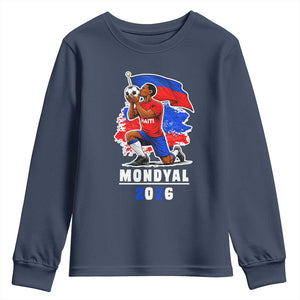 Mondyal 2026 Haiti Soccer Player Victory Celebration Graphic Youth Sweatshirt Haitian Flag Football Sports Fan TS02 Navy Print Your Wear