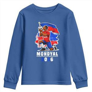 Mondyal 2026 Haiti Soccer Player Victory Celebration Graphic Youth Sweatshirt Haitian Flag Football Sports Fan TS02 Royal Blue Print Your Wear