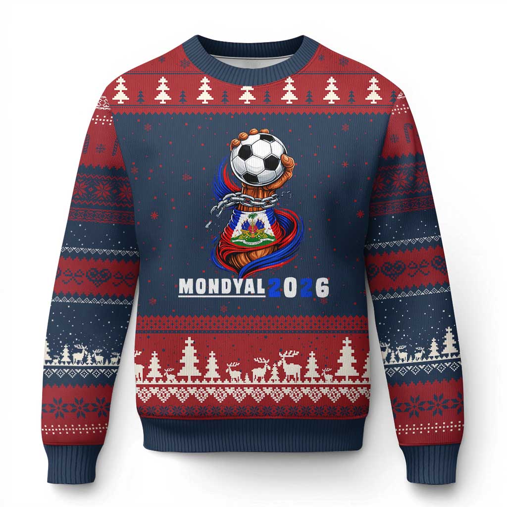 Mondyal 2026 Haiti Freedom Fist Broken Chains Soccer Graphic Ugly Christmas Sweater Haitian Flag Football Sports Fan TS02 Navy Red Print Your Wear