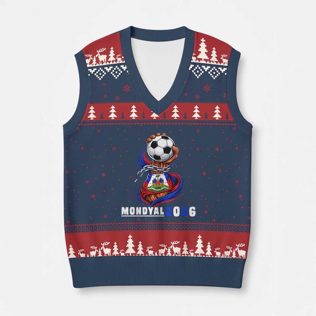 Mondyal 2026 Haiti Freedom Fist Broken Chains Soccer Graphic V-Neck Knit Sweater Vest Haitian Flag Football Sports Fan TS02 Navy Red Print Your Wear