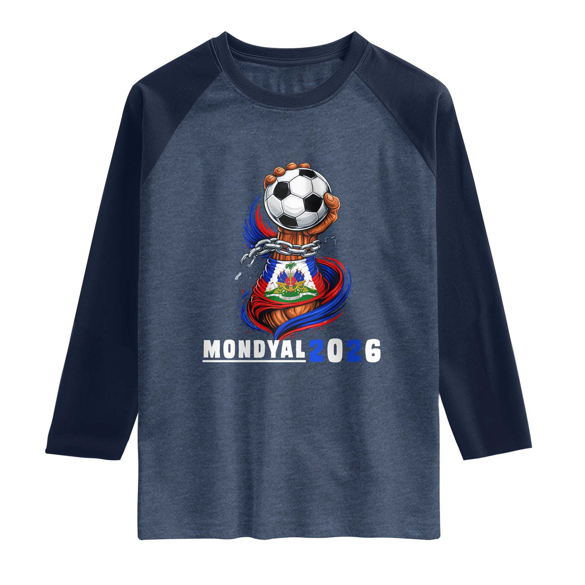Mondyal 2026 Haiti Freedom Fist Broken Chains Soccer Graphic Raglan Shirt Haitian Flag Football Sports Fan TS02 Heather Denim Navy Print Your Wear