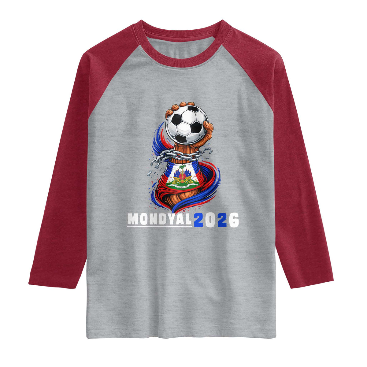 Mondyal 2026 Haiti Freedom Fist Broken Chains Soccer Graphic Raglan Shirt Haitian Flag Football Sports Fan TS02 Heather Gray Heather Red Print Your Wear