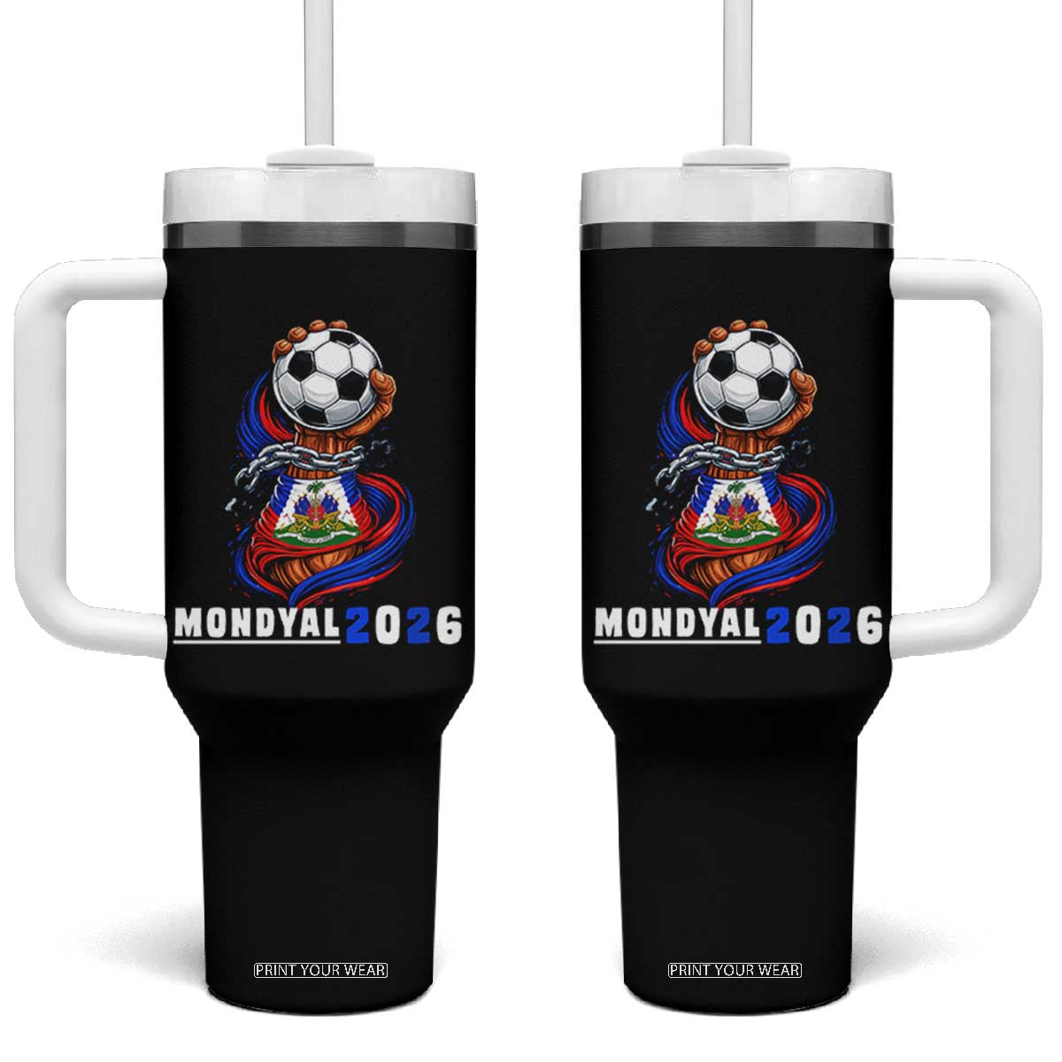 Mondyal 2026 Haiti Freedom Fist Broken Chains Soccer Graphic Tumbler With Handle Haitian Flag Football Sports Fan TS02 One Size: 40 oz Black Print Your Wear