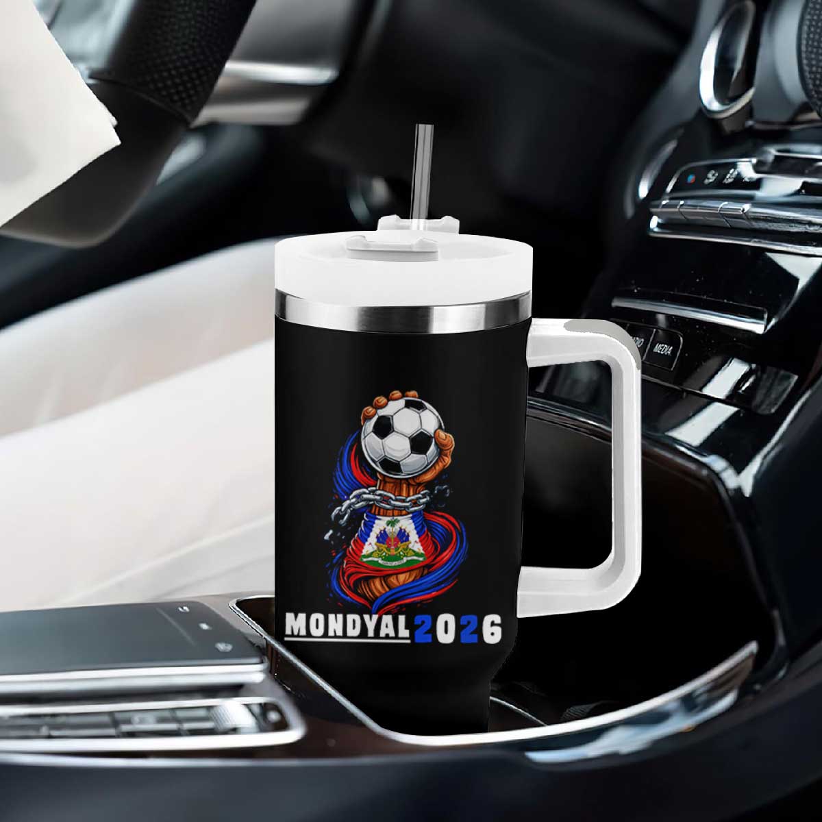Mondyal 2026 Haiti Freedom Fist Broken Chains Soccer Graphic Tumbler With Handle Haitian Flag Football Sports Fan TS02 Print Your Wear