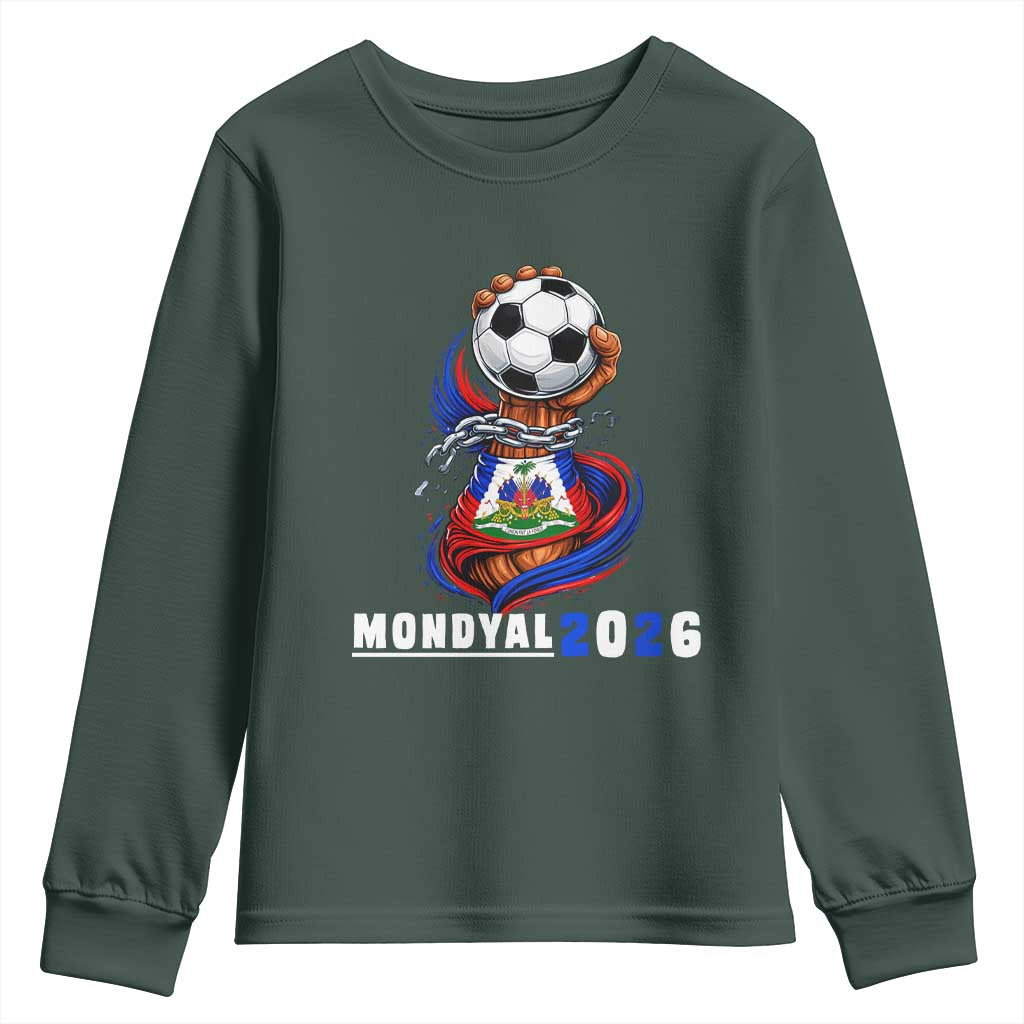 Mondyal 2026 Haiti Freedom Fist Broken Chains Soccer Graphic Youth Sweatshirt Haitian Flag Football Sports Fan TS02 Dark Forest Green Print Your Wear