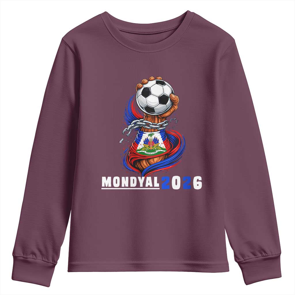 Mondyal 2026 Haiti Freedom Fist Broken Chains Soccer Graphic Youth Sweatshirt Haitian Flag Football Sports Fan TS02 Maroon Print Your Wear