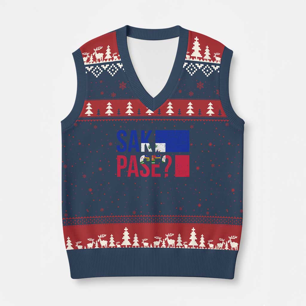 Sak Pase Haitian Creole V-Neck Knit Sweater Vest Haiti Flag Heritage Pride TS02 Navy Red Print Your Wear