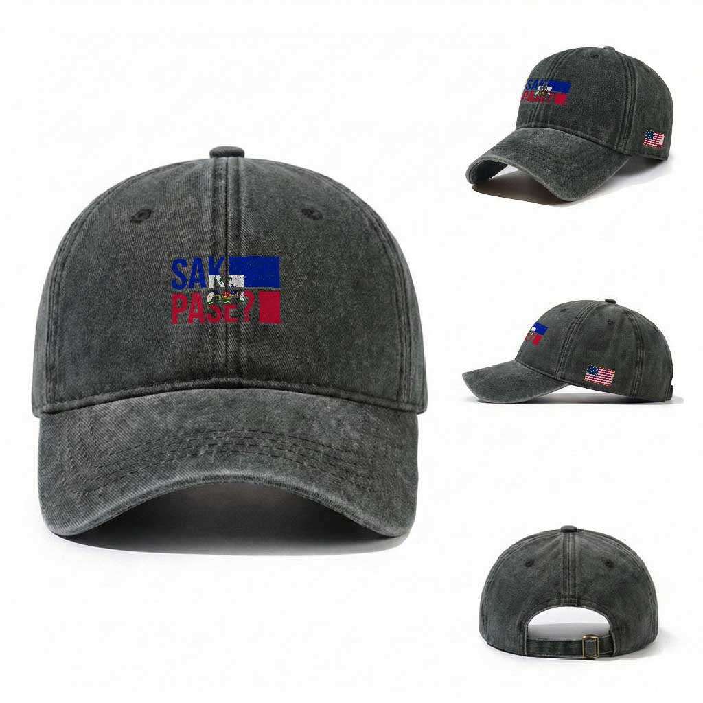Sak Pase Haitian Creole Washed Cotton Baseball Cap Haiti Flag Heritage Pride TS02 Washed Cap Universal Fit Dark Green Print Your Wear