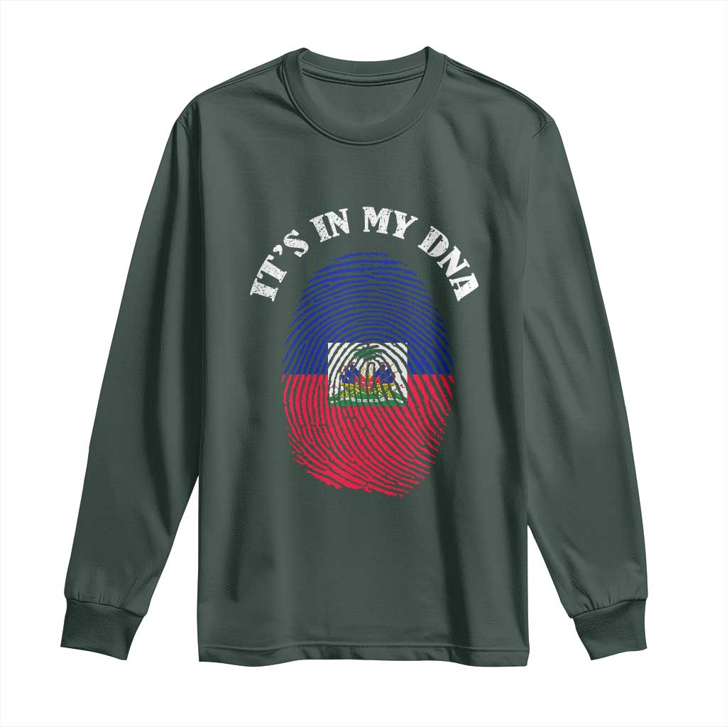 It's In My DNA Haitian Flag Fingerprint Graphic Long Sleeve Shirt Haiti Heritage Pride TS02 Dark Forest Green Print Your Wear