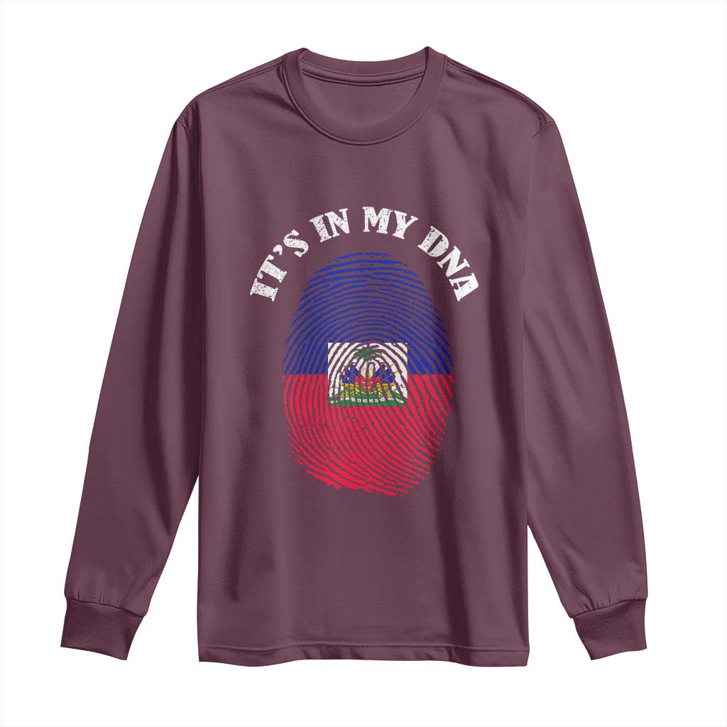 It's In My DNA Haitian Flag Fingerprint Graphic Long Sleeve Shirt Haiti Heritage Pride TS02 Maroon Print Your Wear