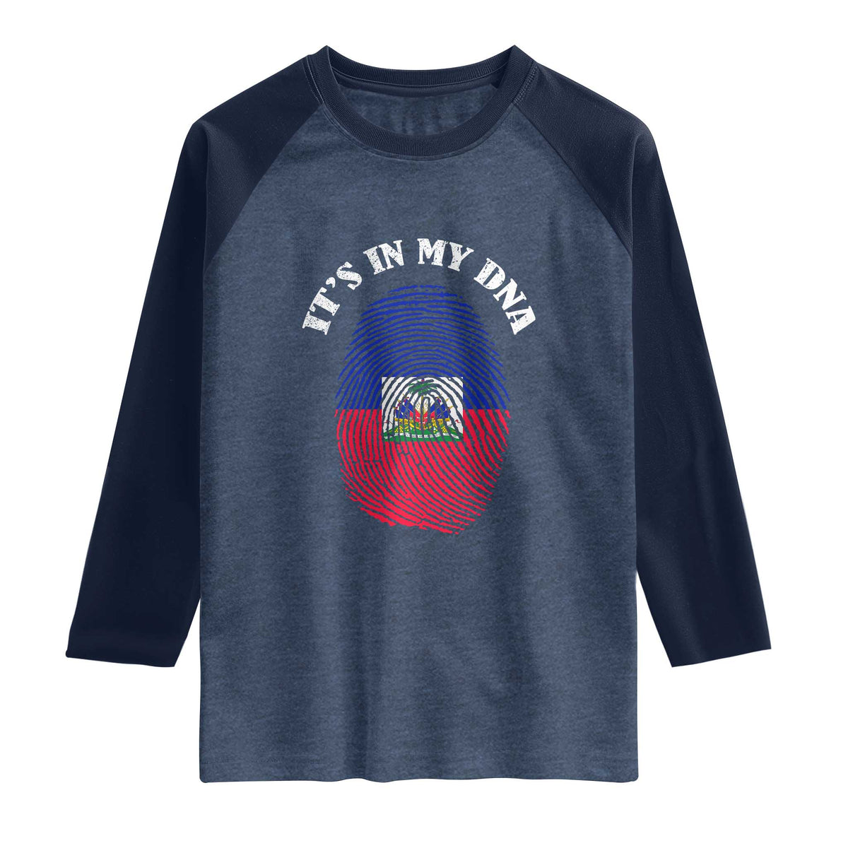 It's In My DNA Haitian Flag Fingerprint Graphic Raglan Shirt Haiti Heritage Pride TS02 Heather Denim Navy Print Your Wear
