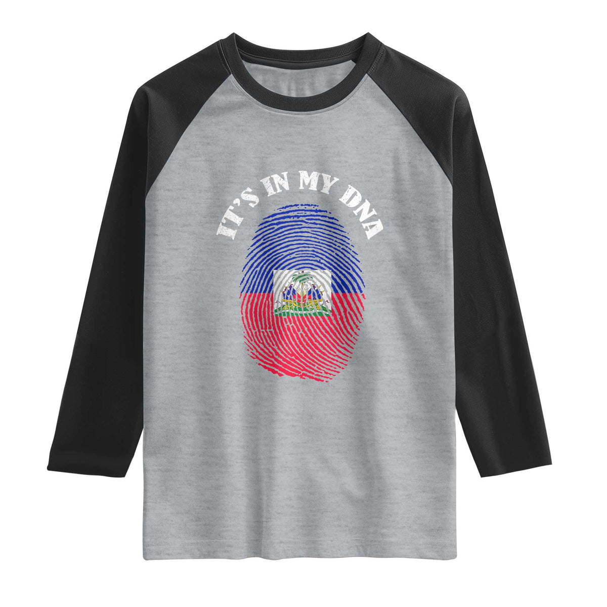 It's In My DNA Haitian Flag Fingerprint Graphic Raglan Shirt Haiti Heritage Pride TS02 Heather Gray Black Print Your Wear