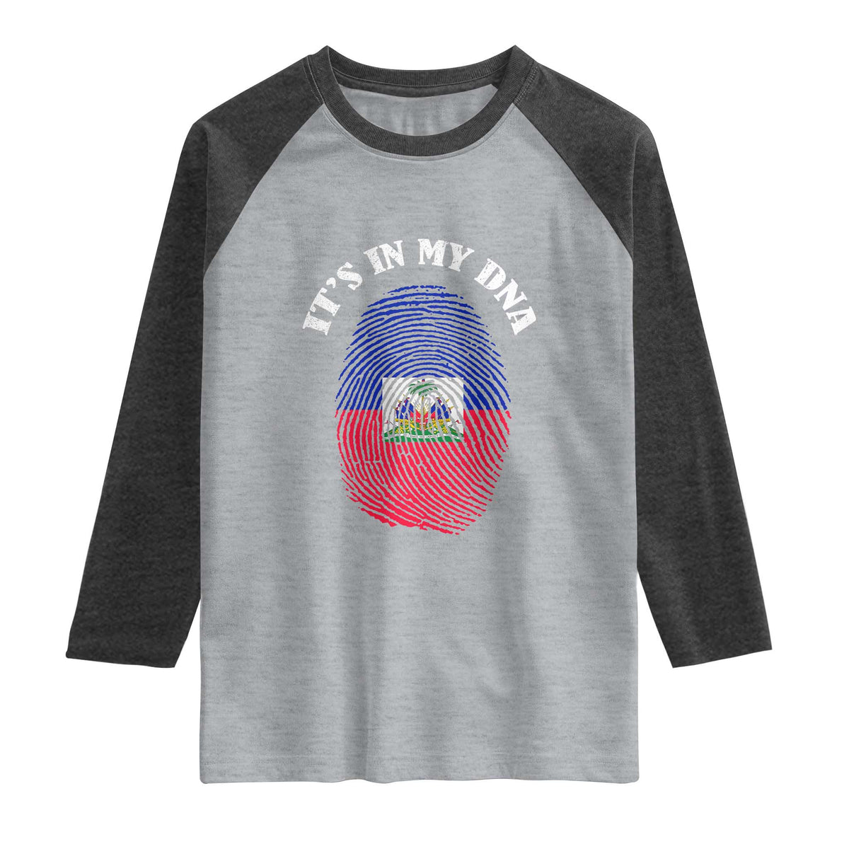 It's In My DNA Haitian Flag Fingerprint Graphic Raglan Shirt Haiti Heritage Pride TS02 Heather Gray Heather Charcoal Print Your Wear