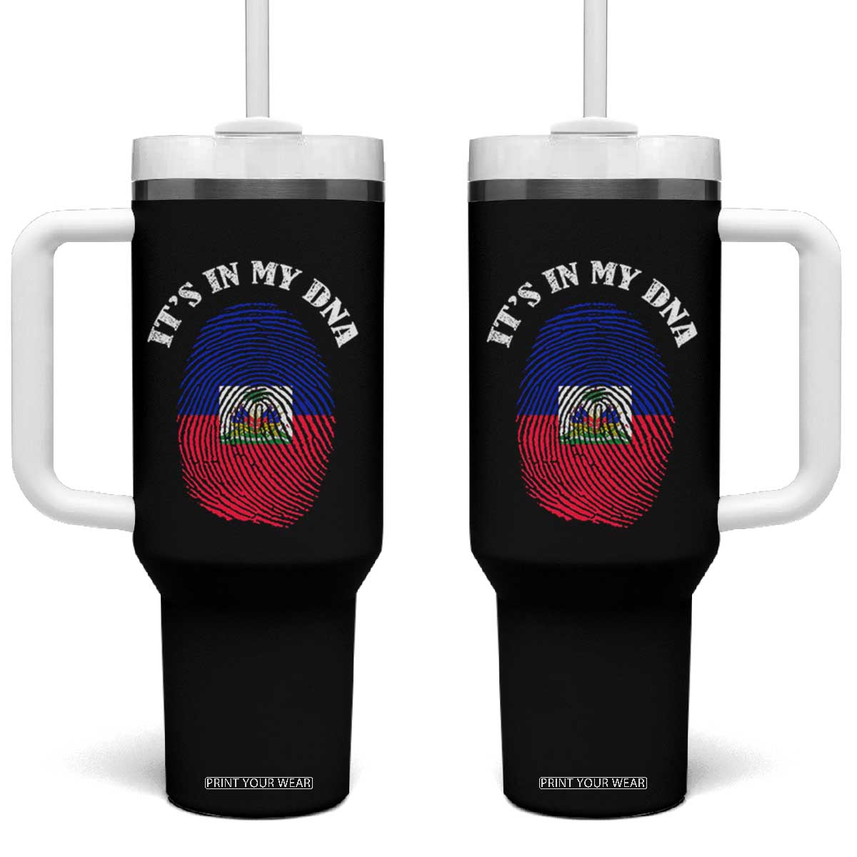 It's In My DNA Haitian Flag Fingerprint Graphic Tumbler With Handle Haiti Heritage Pride TS02 One Size: 40 oz Black Print Your Wear