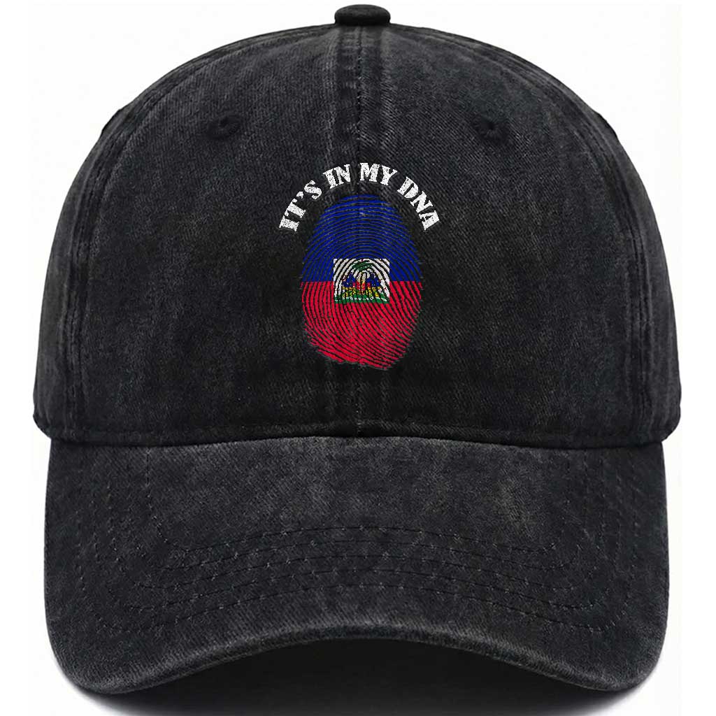It's In My DNA Haitian Flag Fingerprint Graphic Washed Cotton Baseball Cap Haiti Heritage Pride TS02 Print Your Wear