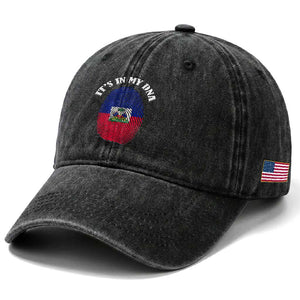 It's In My DNA Haitian Flag Fingerprint Graphic Washed Cotton Baseball Cap Haiti Heritage Pride TS02 Print Your Wear