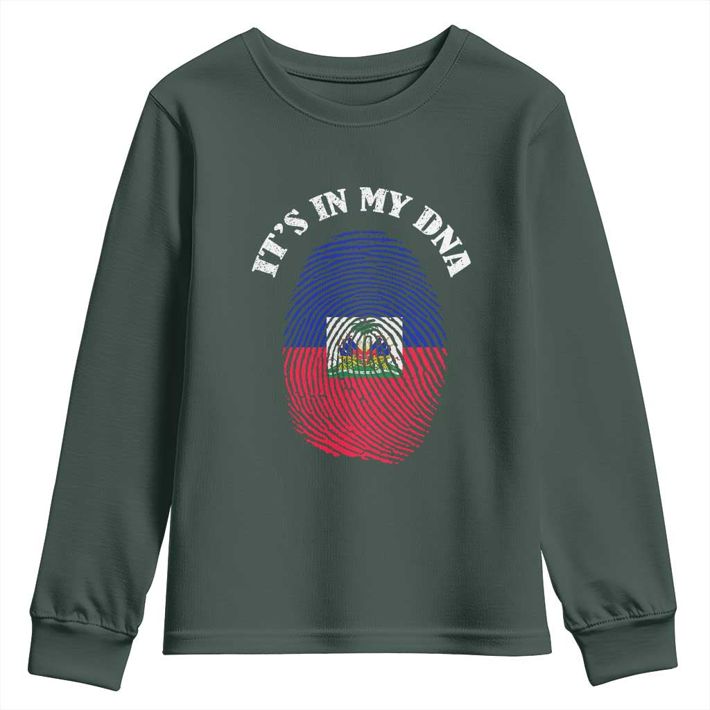 It's In My DNA Haitian Flag Fingerprint Graphic Youth Sweatshirt Haiti Heritage Pride TS02 Dark Forest Green Print Your Wear
