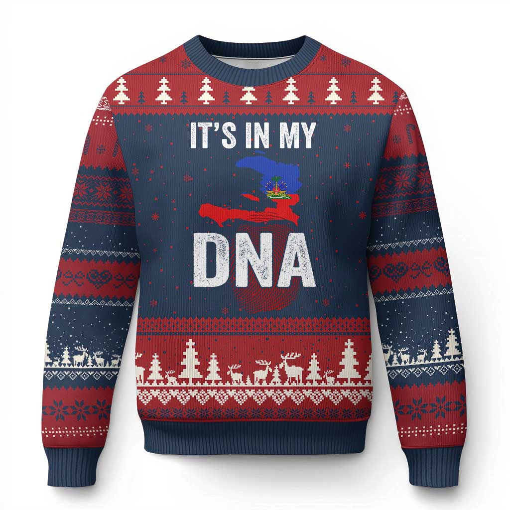 It's In My DNA Haitian Map and Fingerprint Flag Graphic Ugly Christmas Sweater Haiti Heritage Pride TS02 Navy Red Print Your Wear
