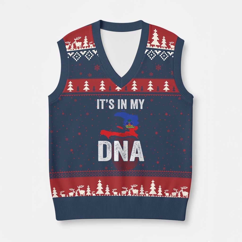 It's In My DNA Haitian Map and Fingerprint Flag Graphic V-Neck Knit Sweater Vest Haiti Heritage Pride TS02 Navy Red Print Your Wear