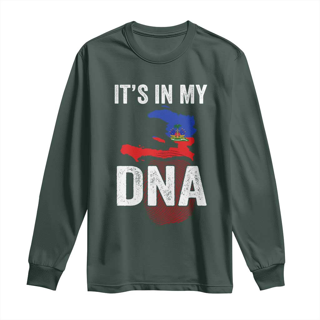 It's In My DNA Haitian Map and Fingerprint Flag Graphic Long Sleeve Shirt Haiti Heritage Pride TS02 Dark Forest Green Print Your Wear