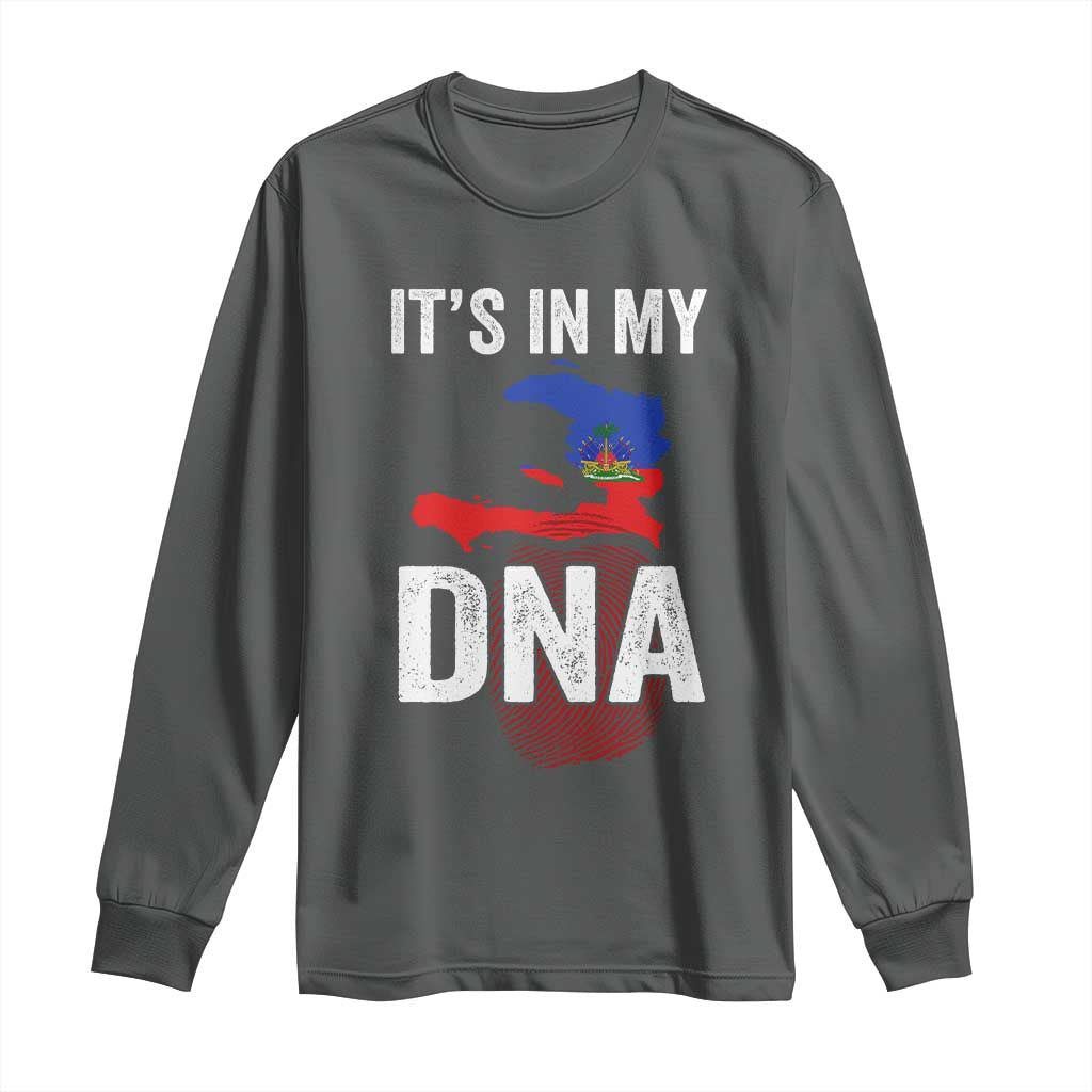 It's In My DNA Haitian Map and Fingerprint Flag Graphic Long Sleeve Shirt Haiti Heritage Pride TS02 Dark Heather Print Your Wear