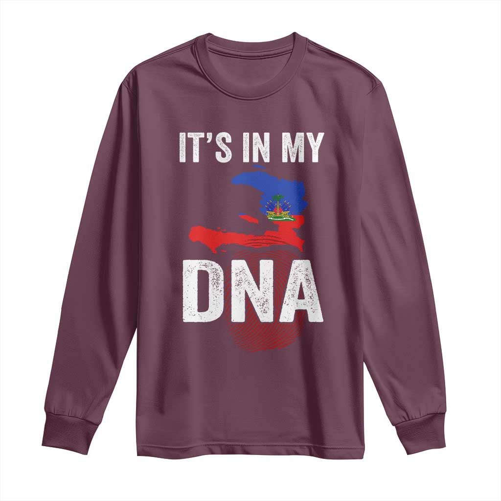 It's In My DNA Haitian Map and Fingerprint Flag Graphic Long Sleeve Shirt Haiti Heritage Pride TS02 Maroon Print Your Wear