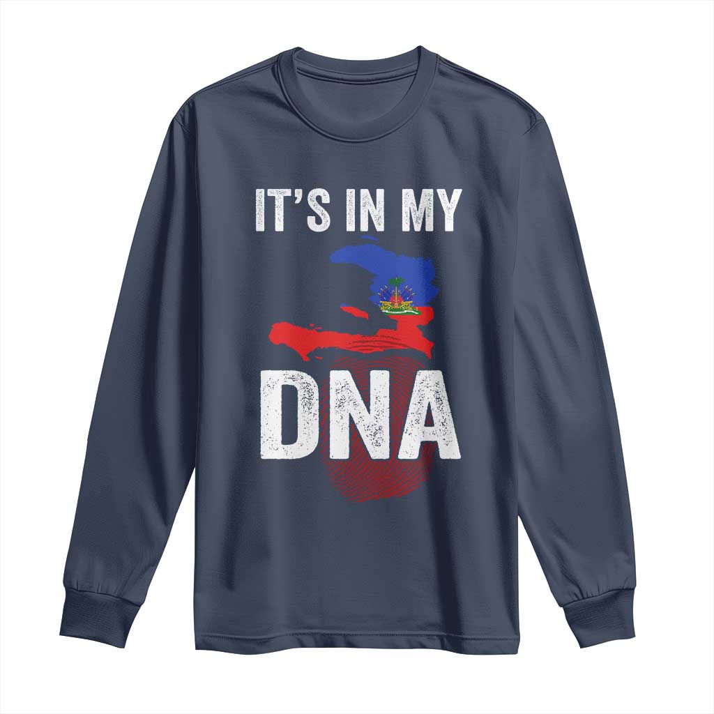 It's In My DNA Haitian Map and Fingerprint Flag Graphic Long Sleeve Shirt Haiti Heritage Pride TS02 Navy Print Your Wear