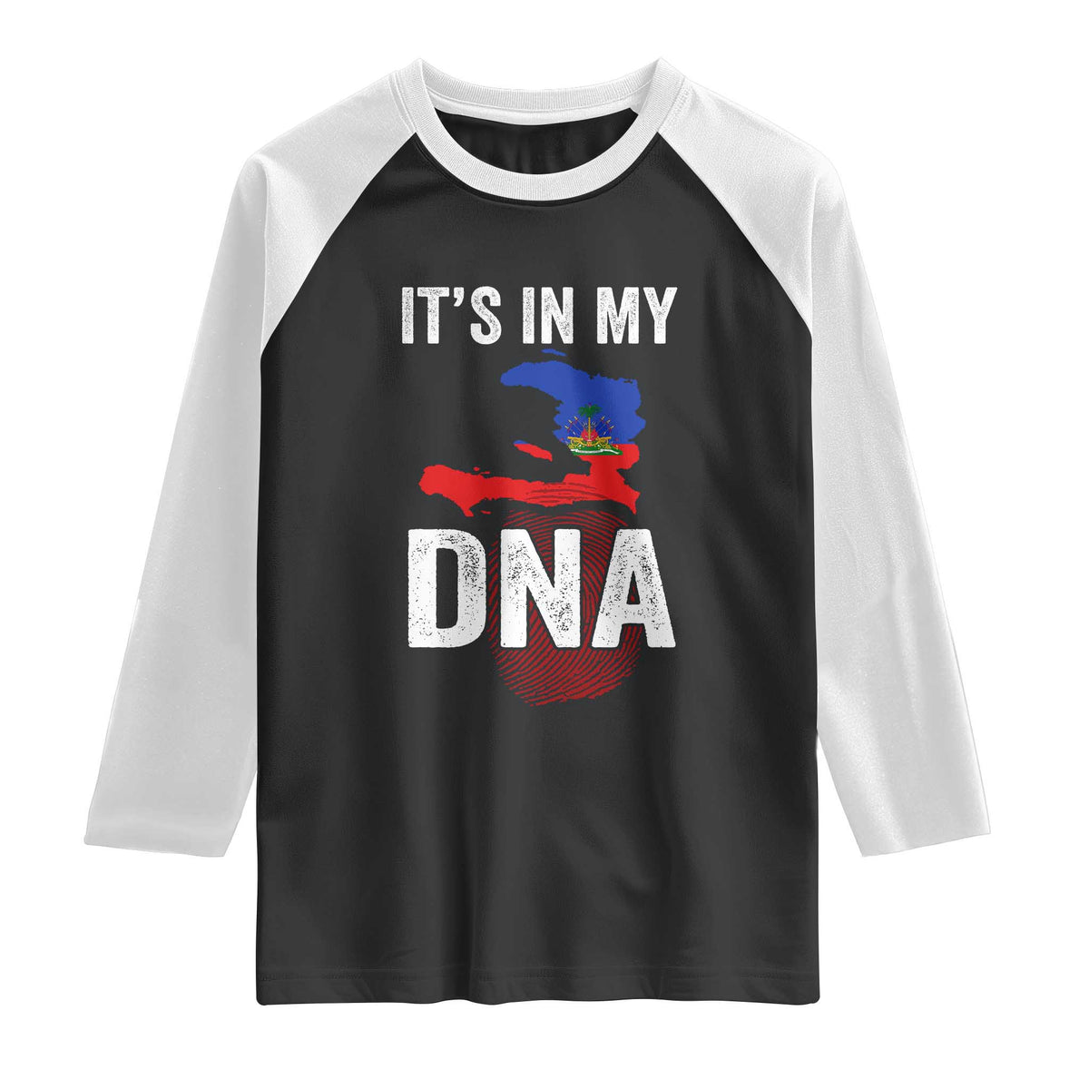 It's In My DNA Haitian Map and Fingerprint Flag Graphic Raglan Shirt Haiti Heritage Pride TS02 Black White Print Your Wear