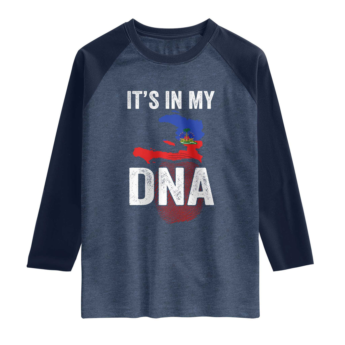 It's In My DNA Haitian Map and Fingerprint Flag Graphic Raglan Shirt Haiti Heritage Pride TS02 Heather Denim Navy Print Your Wear