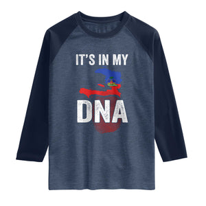 It's In My DNA Haitian Map and Fingerprint Flag Graphic Raglan Shirt Haiti Heritage Pride TS02 Heather Denim Navy Print Your Wear