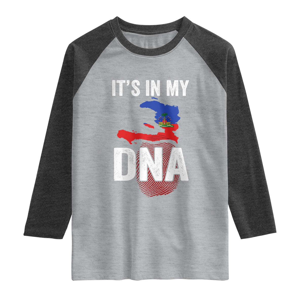 It's In My DNA Haitian Map and Fingerprint Flag Graphic Raglan Shirt Haiti Heritage Pride TS02 Heather Gray Heather Charcoal Print Your Wear