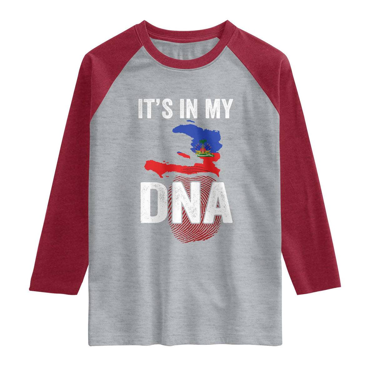 It's In My DNA Haitian Map and Fingerprint Flag Graphic Raglan Shirt Haiti Heritage Pride TS02 Heather Gray Heather Red Print Your Wear