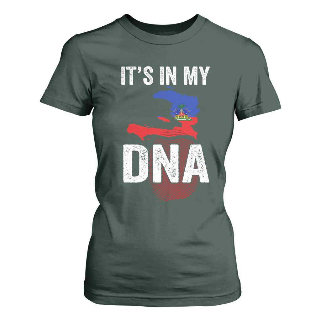 It's In My DNA Haitian Map and Fingerprint Flag Graphic T Shirt For Women Haiti Heritage Pride TS02 Dark Forest Green Print Your Wear