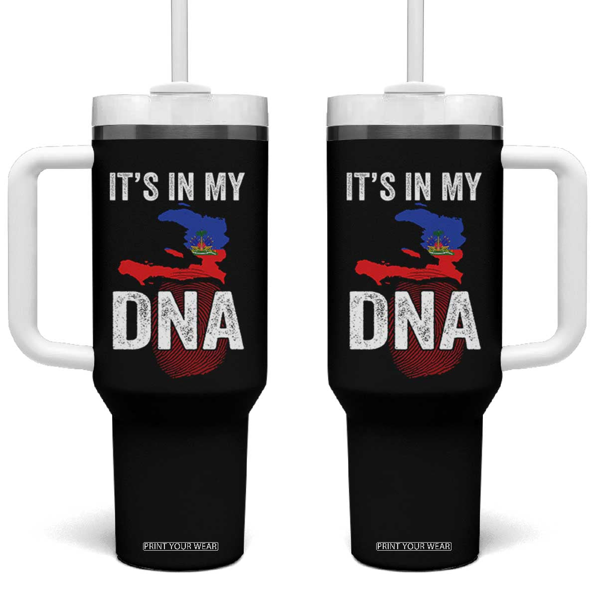 It's In My DNA Haitian Map and Fingerprint Flag Graphic Tumbler With Handle Haiti Heritage Pride TS02 One Size: 40 oz Black Print Your Wear