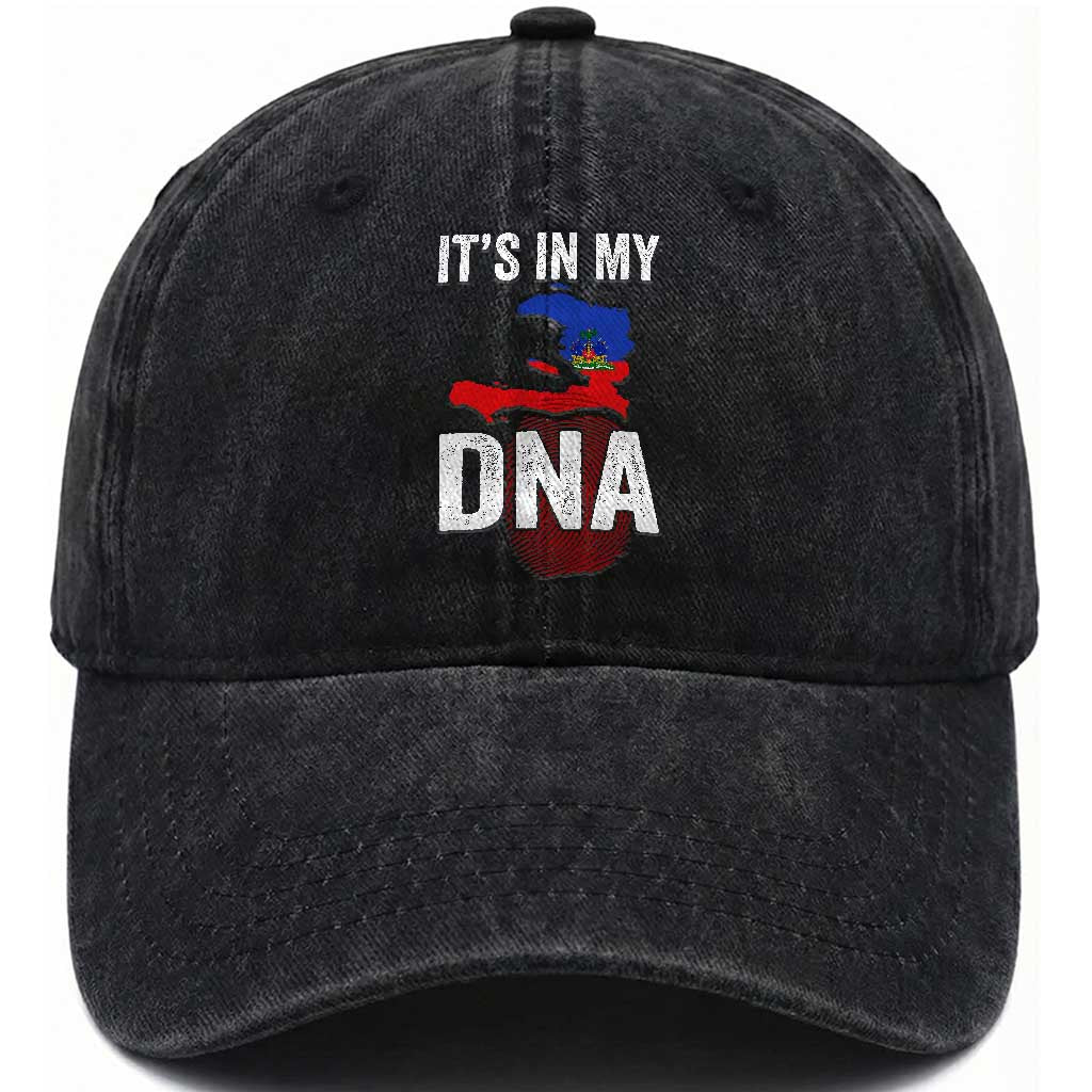 It's In My DNA Haitian Map and Fingerprint Flag Graphic Washed Cotton Baseball Cap Haiti Heritage Pride TS02 Print Your Wear
