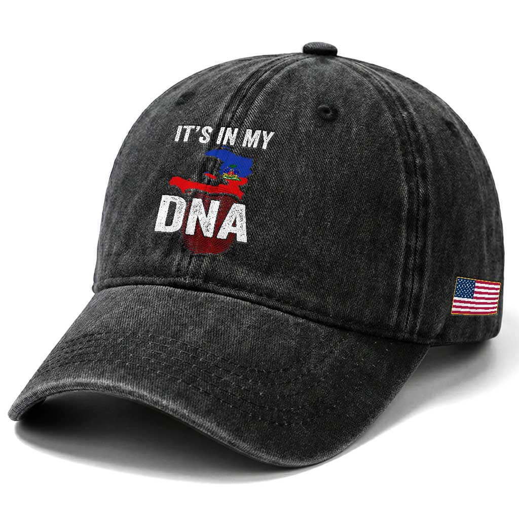 It's In My DNA Haitian Map and Fingerprint Flag Graphic Washed Cotton Baseball Cap Haiti Heritage Pride TS02 Print Your Wear
