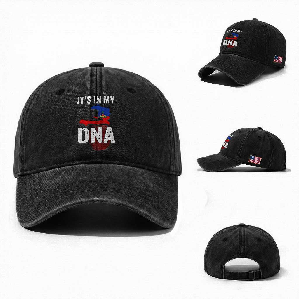It's In My DNA Haitian Map and Fingerprint Flag Graphic Washed Cotton Baseball Cap Haiti Heritage Pride TS02 Washed Cap Universal Fit Black Print Your Wear