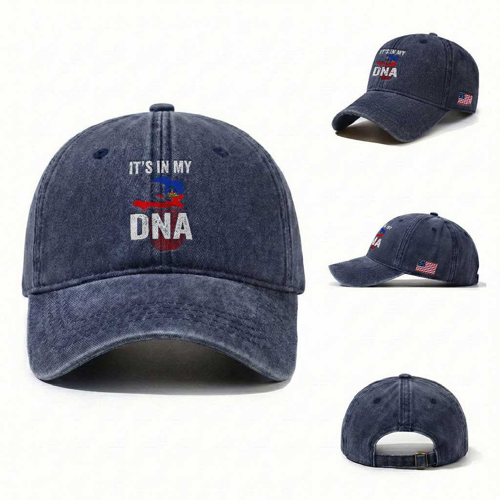 It's In My DNA Haitian Map and Fingerprint Flag Graphic Washed Cotton Baseball Cap Haiti Heritage Pride TS02 Washed Cap Universal Fit Navy Print Your Wear