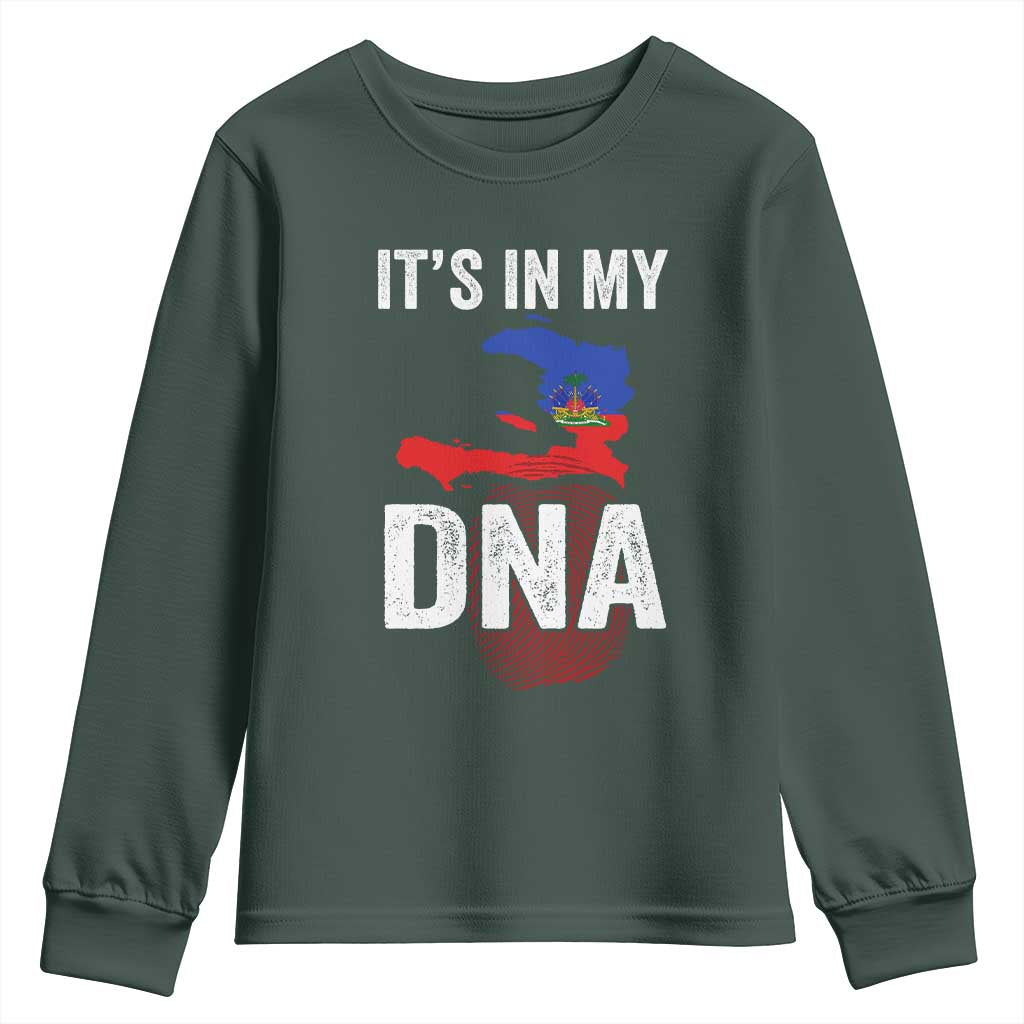 It's In My DNA Haitian Map and Fingerprint Flag Graphic Youth Sweatshirt Haiti Heritage Pride TS02 Dark Forest Green Print Your Wear