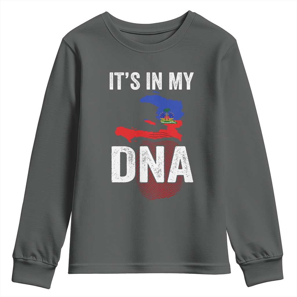 It's In My DNA Haitian Map and Fingerprint Flag Graphic Youth Sweatshirt Haiti Heritage Pride TS02 Dark Heather Print Your Wear