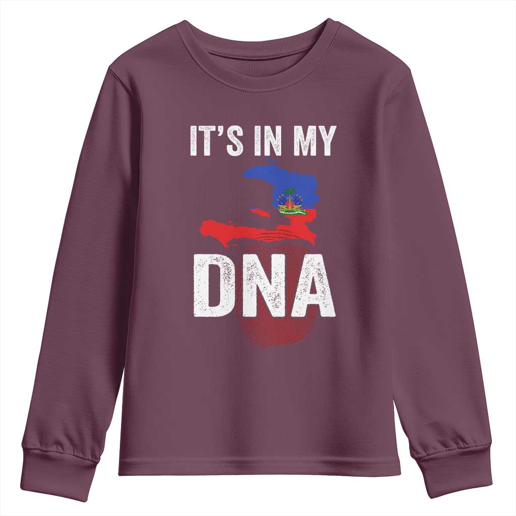 It's In My DNA Haitian Map and Fingerprint Flag Graphic Youth Sweatshirt Haiti Heritage Pride TS02 Maroon Print Your Wear