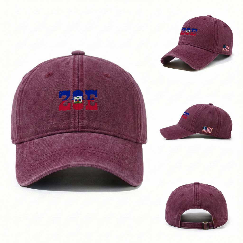 Zoe Haitian Pride Washed Cotton Baseball Cap Haiti Flag Culture Heritage Pride TS02 Washed Cap Universal Fit Burgundy Print Your Wear
