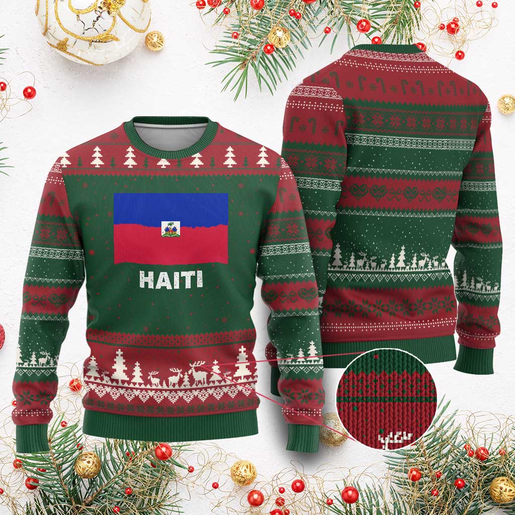 Vintage Distressed Haiti Flag Ugly Christmas Sweater Haitian Heritage Pride TS02 Red Green Print Your Wear