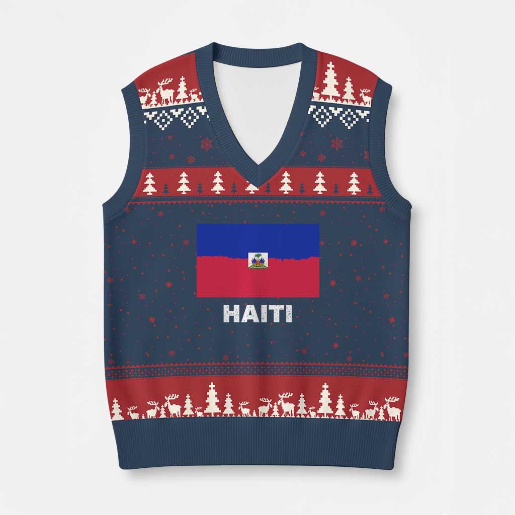 Vintage Distressed Haiti Flag V-Neck Knit Sweater Vest Haitian Heritage Pride TS02 Navy Red Print Your Wear