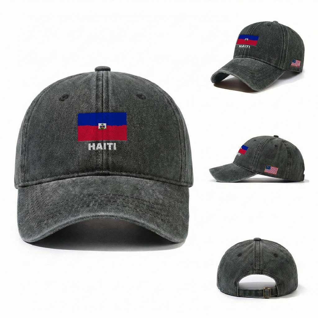 Vintage Distressed Haiti Flag Washed Cotton Baseball Cap Haitian Heritage Pride TS02 Washed Cap Universal Fit Dark Green Print Your Wear