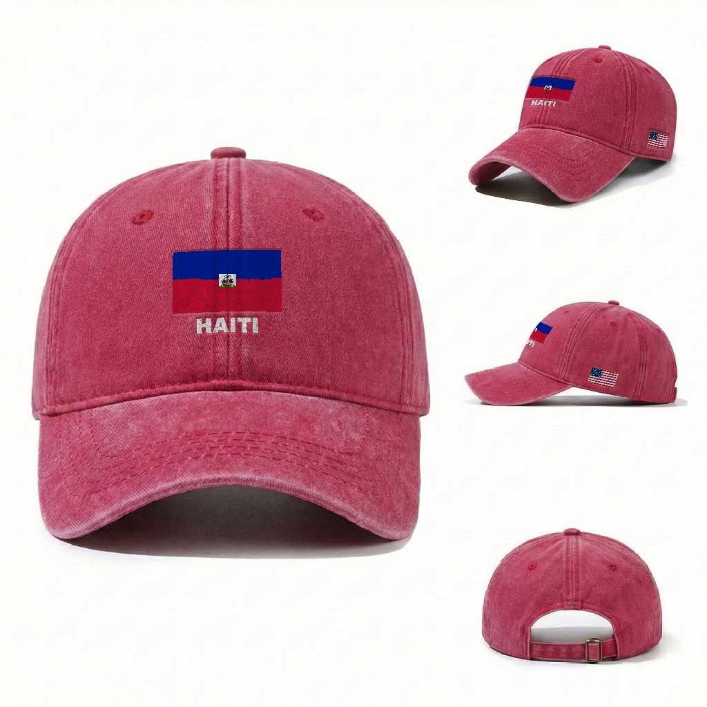 Vintage Distressed Haiti Flag Washed Cotton Baseball Cap Haitian Heritage Pride TS02 Washed Cap Universal Fit Red Print Your Wear