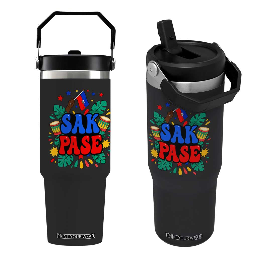 Sak Pase Colorful Festive Haitian Drums Tropical Graphic Flip Straw Tumbler Haiti Heritage Pride TS02 One Size: 30 oz Black Print Your Wear