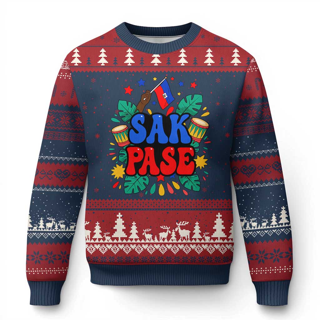 Sak Pase Colorful Festive Haitian Drums Tropical Graphic Ugly Christmas Sweater Haiti Heritage Pride TS02 Navy Red Print Your Wear
