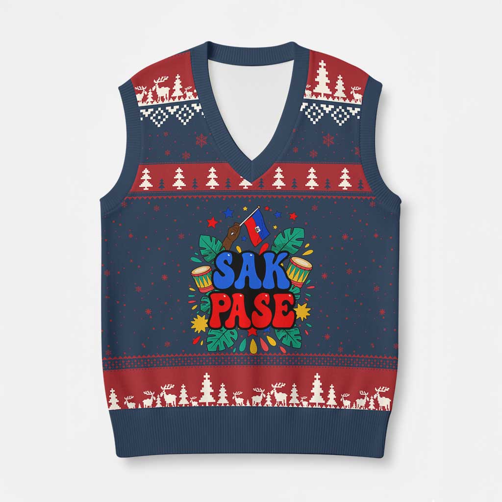 Sak Pase Colorful Festive Haitian Drums Tropical Graphic V-Neck Knit Sweater Vest Haiti Heritage Pride TS02 Navy Red Print Your Wear